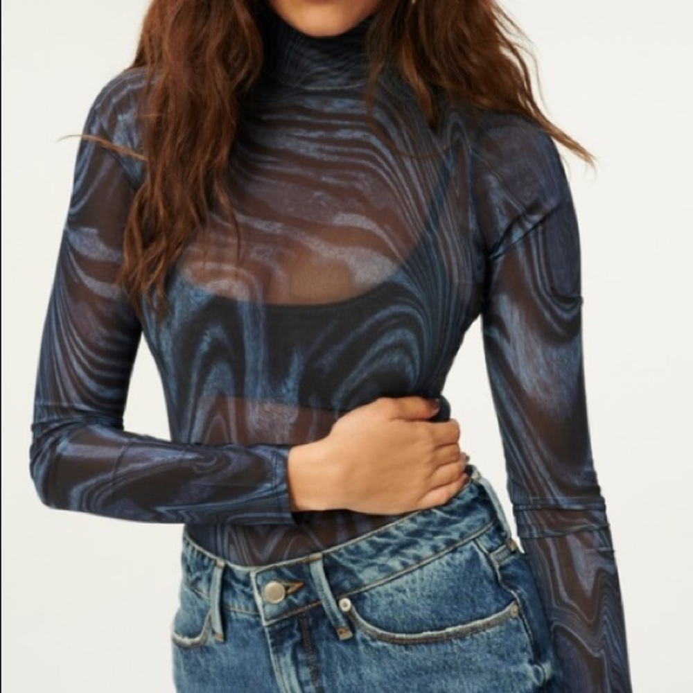 Good American mesh mock neck bodysuit in inkswirl